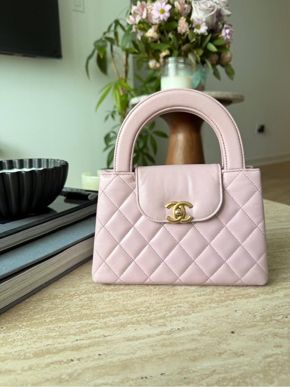 CHANEL Pink Quilted Mini Top-Handle Bag with Gold CC